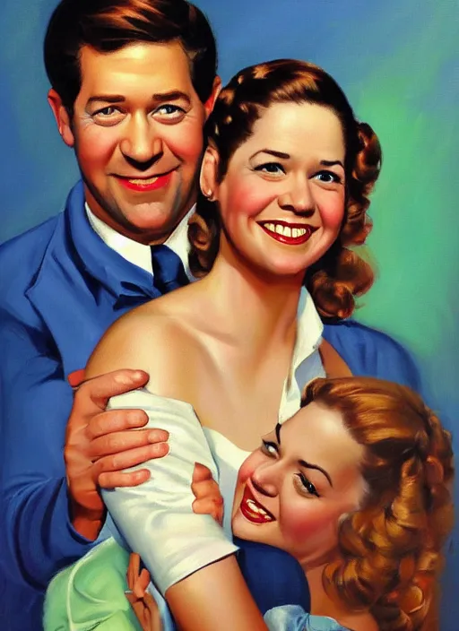 Image similar to portrait painting of jim halpert and pam beesly, happy couple, in the style of gil elvgren