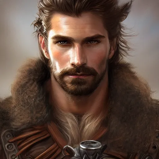 Image similar to portrait of a young, ruggedly handsome ranger, soft hair, muscular, half body, leather, hairy, d & d, fantasy, intricate, elegant, highly detailed, digital painting, artstation, concept art, smooth, sharp focus, illustration, art by artgerm and greg rutkowski and alphonse mucha