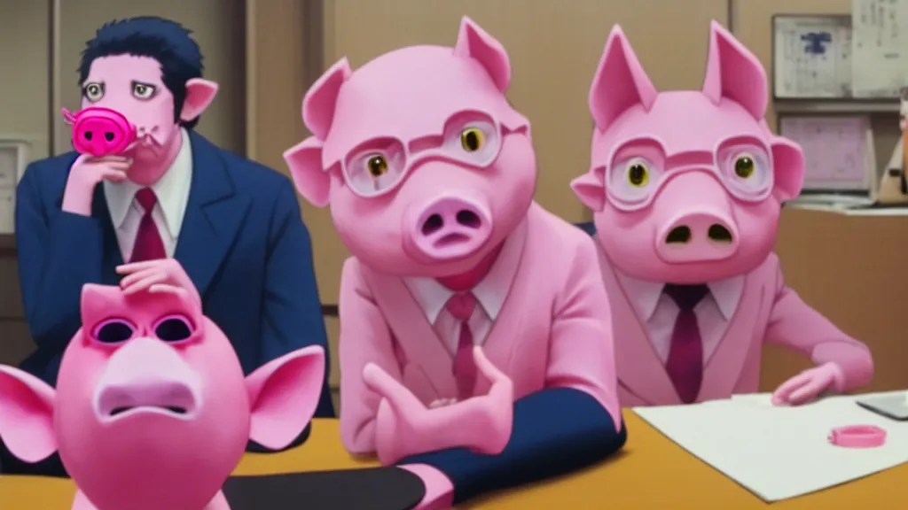 Image similar to a man wearing a pink suit and a pink pig mask sitting in an office, anime film still from the an anime directed by Katsuhiro Otomo with art direction by Salvador Dalí, wide lens