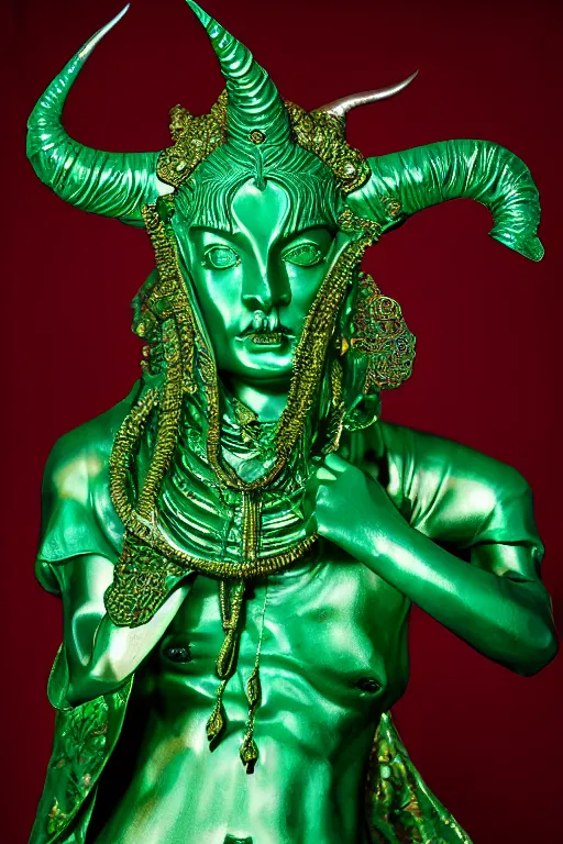 Image similar to metallic emerald carved statue of horned persian sacred demon goddess, sculpture with metallic polished intricated surfaxe, dressed with a colorful torn silk cloak, made by antonio corradini, and dug stanat macabre art, dark surrealism, epic and cinematic view, volummetric light, texturized, detailed, 8 k