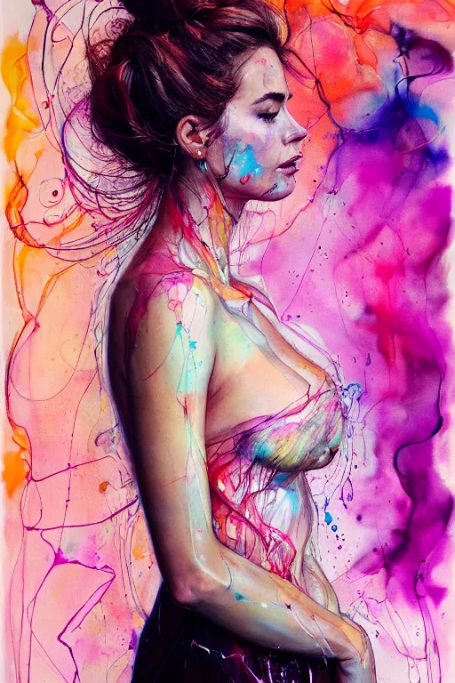 Image similar to sophia vergara by agnes cecile enki bilal moebius, intricated details, 3 / 4 back view, hair styled in a bun, bendover posture, full body portrait, extremely luminous bright design, pastel colours, drips, autumn lights