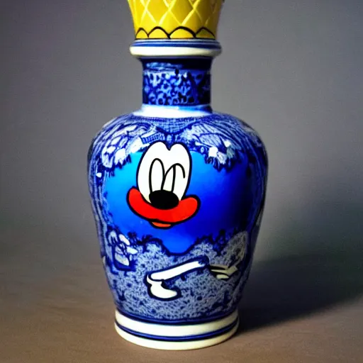 Image similar to a delft blue vase with a happy mickey mouse meth depicted on it ; extremely detailed