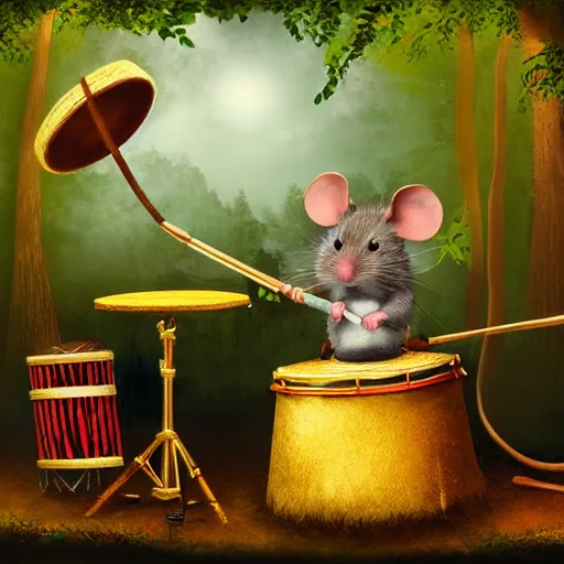 Image similar to mouse with drum, fantasy forrest background, golden hour, digital art, medium shoot