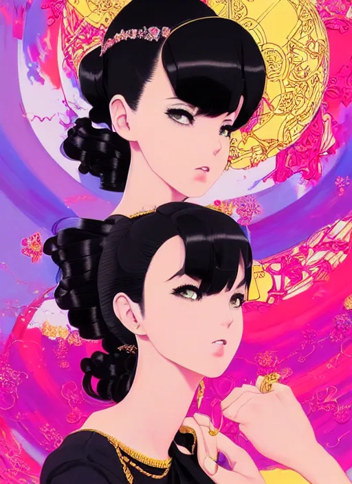 Image similar to a beautiful girl with black hair in 1970's fashion, ballroom background, intricate, highly detailed, digital painting, artstation, official media, anime key visual, concept art, rich vivid colors, ambient lighting, sharp focus, illustration, art by Artgerm, Makoto Shinkai, Ilya Kuvshinov, Lois Van Baarle, and Rossdraws