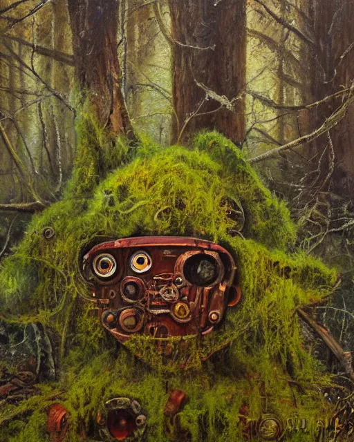 Image similar to detailed oil painting of a decayed, rusty, robot, covered in moss, in a forest, painted by Greg Rukowtski, sunlight