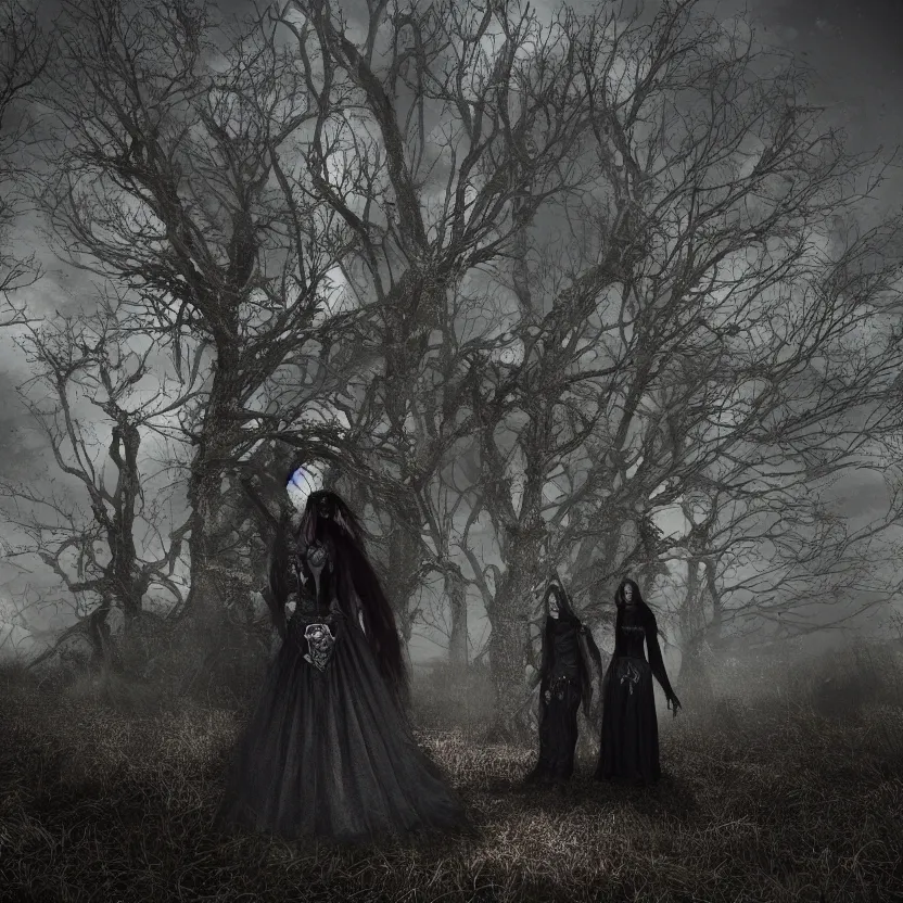 Image similar to A Gothic couple of jewels in an empty land, dark romance, dark and mysterious, atmospheric, ominous, eerie, cinematic, Epic, 8k, 4k, ultra detail, ultra realistic, rendered by awesomeness