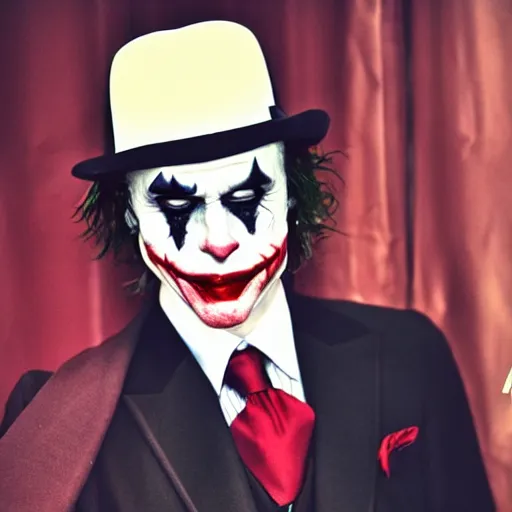 Image similar to the joker wearing a black suit with red tie, wearing a fedora, standing next to a 20's flapper, prom pictures, amateur photography