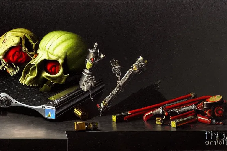 Image similar to a vanitas painting depicting an NVIDIA RTX A100 GPU, graphics card