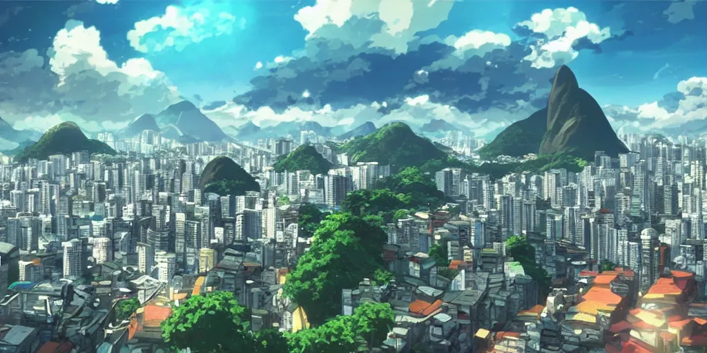 Image similar to rio de janeiro in an anime film, directed by makoto shinkai, street level, cinematic