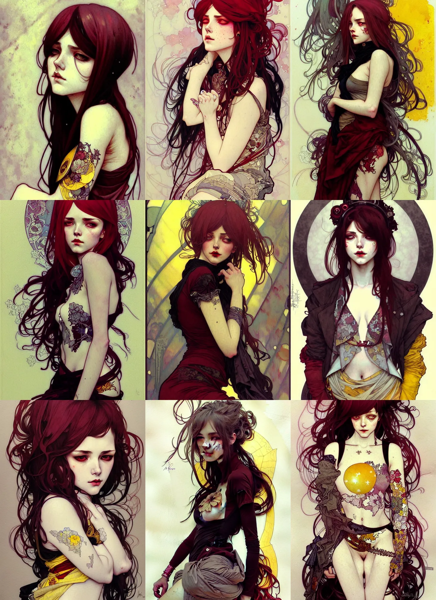 Prompt: highly detailed full bodyportrait of a moody jupiterpunk young adult lady by krenz cushart, by artem demura, by alphonse mucha, by kaethe butcher, gradient maroon, black, silver and yellow color scheme, grunge aesthetic!!! (