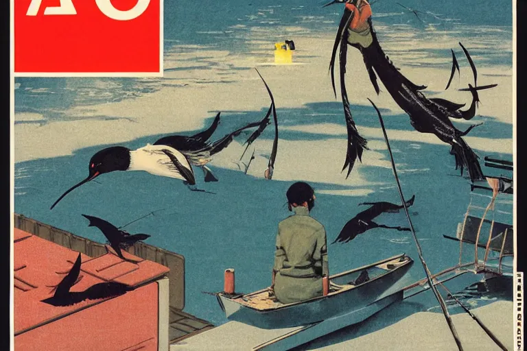 Image similar to 1 9 7 9 omni magazine cover of japanese cormorant fishing near tokyo. art in cyberpunk style by dali, and vincent di fate