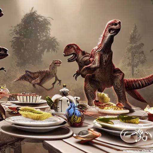 Prompt: velociraptors having a fancy tea party, photorealistic, high resolution, vray, hdr, hyper detailed, insane details, intricate, elite, ornate, elegant, luxury, dramatic lighting, octane render, weta digital, micro details, 3 d sculpture