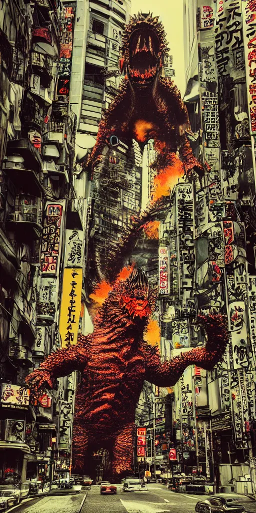 Prompt: 35mm photo of kaiju attack tokyo, realistic materials, creepy, textures, postprocessing, iridescent, full of color, dark, horror, photorealistic, wide angle lens, film look, Kodak Portra 400, 8K, highly detailed, unsettling