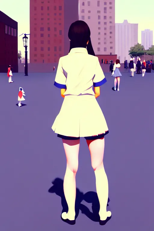 Prompt: gouache of a cute girl wearing school uniform standing in the city which seem small, back view, bird's eye view, 8 k wallpaper, strong brush stroke, very high detailed, sharp focus, illustration, morandi color scheme, artstation, by krenz cushart