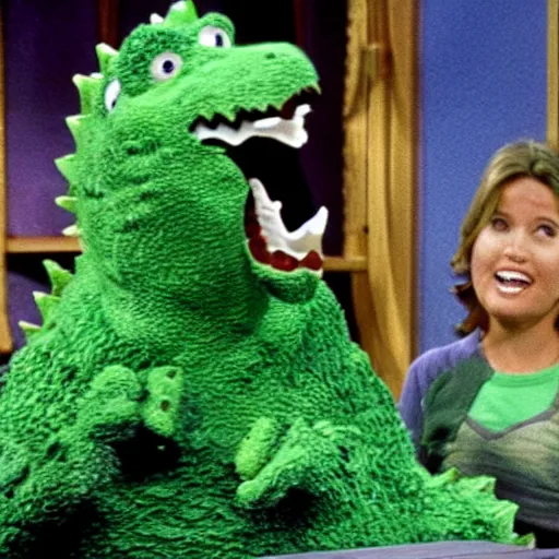 Image similar to Green Godzilla on Barney and Friends