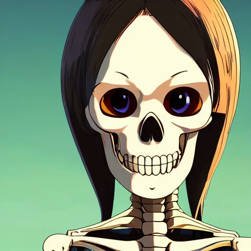 Prompt: manga fine details portrait of joyful skull girl skeleton, bokeh. The Simpsons anime masterpiece by Studio Ghibli. 8k render, sharp high quality anime illustration in style of Ghibli, artstation