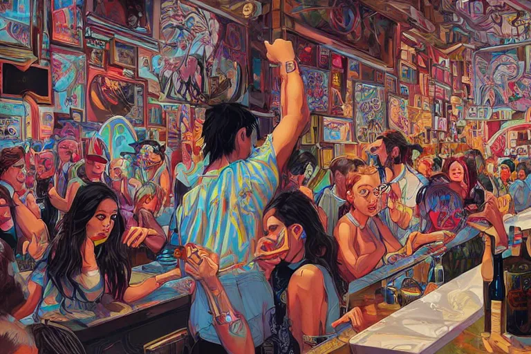 Image similar to Drunks people in bar, Tristan Eaton, victo ngai, artgerm, RHADS, ross draws