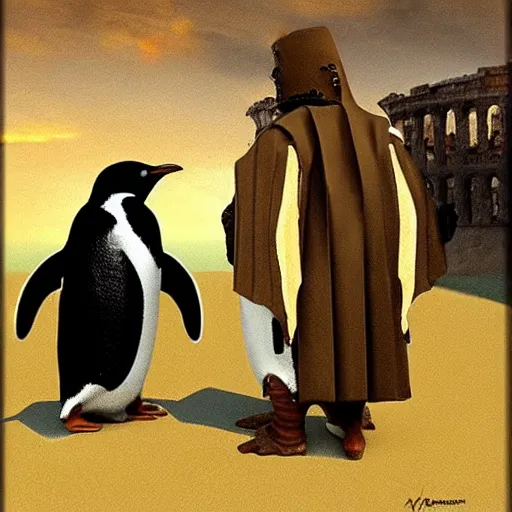 Prompt: penguins are dressed in conquistador armor and are standing next to ancient roman buildings, francisco goya, artstation, renaissance