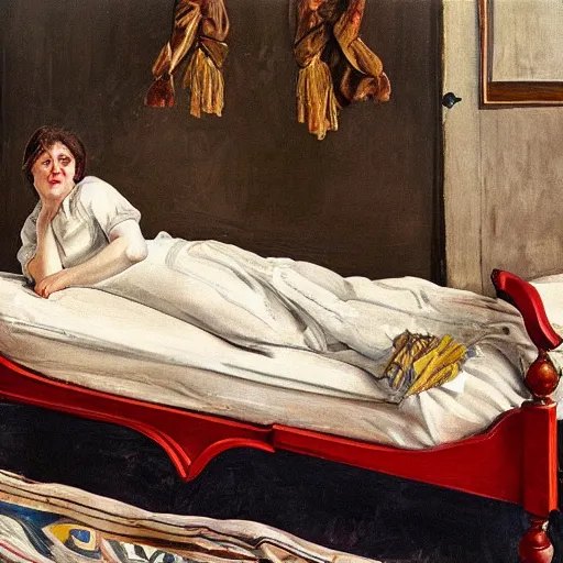 Prompt: painting of ema stone on a victorian bed in a big old room, wide shot by lucian freud