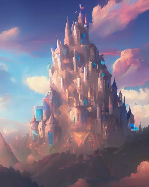 Image similar to flying cloud castle, bubble buildings, illustration, bright, blue sky, mountains, colorful, cinematic lighting, fantasy, high detail, masterpiece, artstation, 4 k, art by wylie beckert