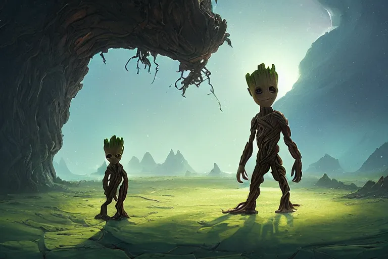 Prompt: a digital painting of baby groot on his home planet, surreal alien beautiful landscape, by simon stalenhag, greg rutkowski, albert bierstadt, andy park, cinematic, concept art, matte painting, artstation