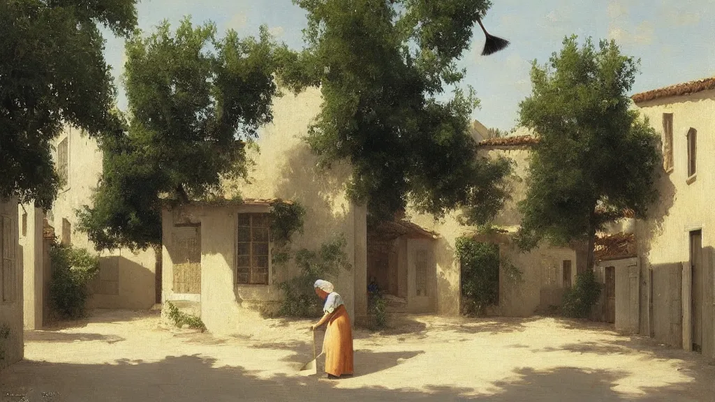 Image similar to a beautiful extremely complex painting of a street in a mediterranean village in summer by peter ilsted, whitewashed housed, tall cypress trees, blue shutters on windows, elderly woman sweeping the ground with a broom, national gallery of art highlights