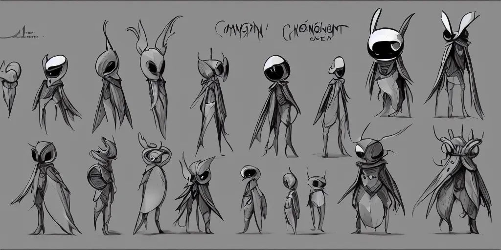 Image similar to cartoonish hollow knight, character sheet, fine details, concept design, contrast, front view, back view, ultra wide angle