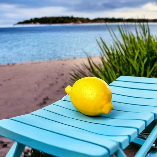 Prompt: a lemon, sitting on a deck chair, enjoying a cocktail by the beach, with sea in distance, 4 k, hd, realistic