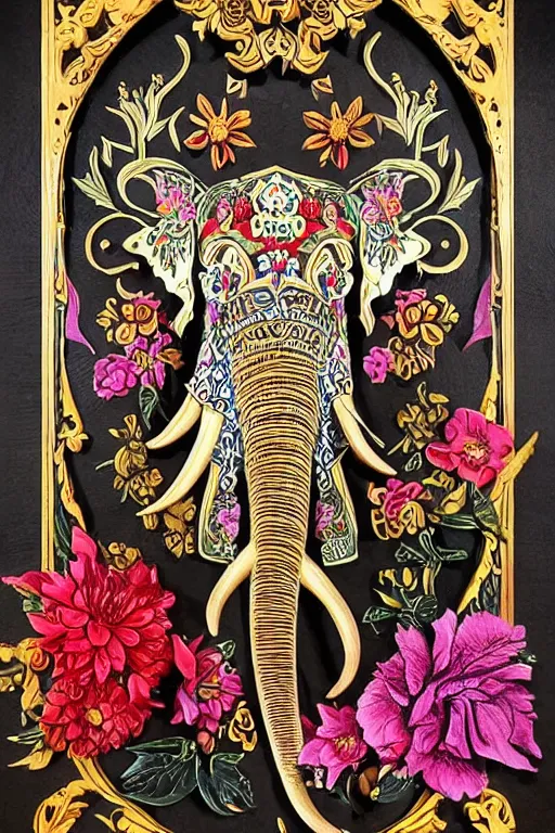 Image similar to Painted dark-wood panel relief carving of a Flowerpunk Matriarch Elephant, ornate border frame, explosion of colorful flowers, dark wood, intricately carved, black ink, festival of rich colors, intricate details, cinematic lighting, volumetric lighting, post-processing, by andreas rocha and john howe, and Martin Johnson Heade, featured on artstation, featured on behance, golden ratio, hyper detailed, photorealistic, epic composition, center spotlight, f32, well composed, UE5, 8k