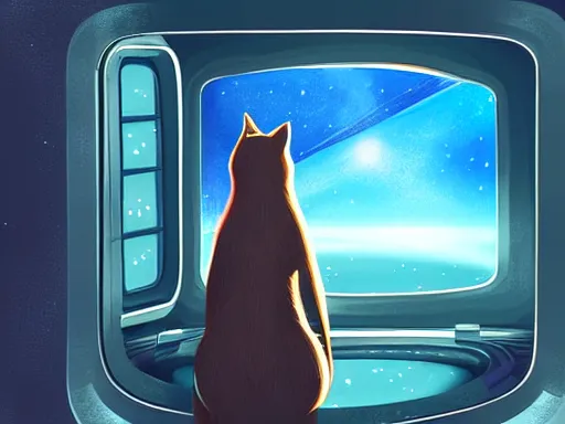 Image similar to cat from behind in space station watching the stars trough a large window, digital painting, dramatic lighting, highly detailed, artstation, concept art