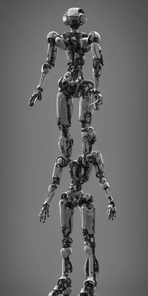 Image similar to a robot is standing in a black and white photo, a 3 d render by senior character artist, cgsociety, afrofuturism, hard surface modeling, cryengine, zbrush