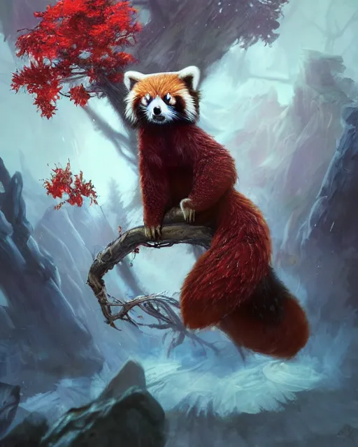 Image similar to Red Panda Shapeshifter Druid Mage, D&D, artstation, fantasy, magic the gathering artwork, cinematic lighting, centered, symmetrical, highly detailed, digital painting, , concept art, smooth, sharp focus, illustration, volumetric lighting, epic Composition, 8k, art by Akihiko Yoshida and Greg Rutkowski and Craig Mullins, oil painting, cgsociety