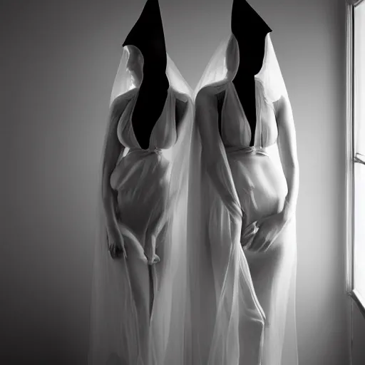 Image similar to award winning photo Floating twins, buxom nuns, wearing translucent habits, see through dress, Very long arms, in a bedroom, eerie, frightening, highly detailed, photorealistic —width 1024 —height 1024