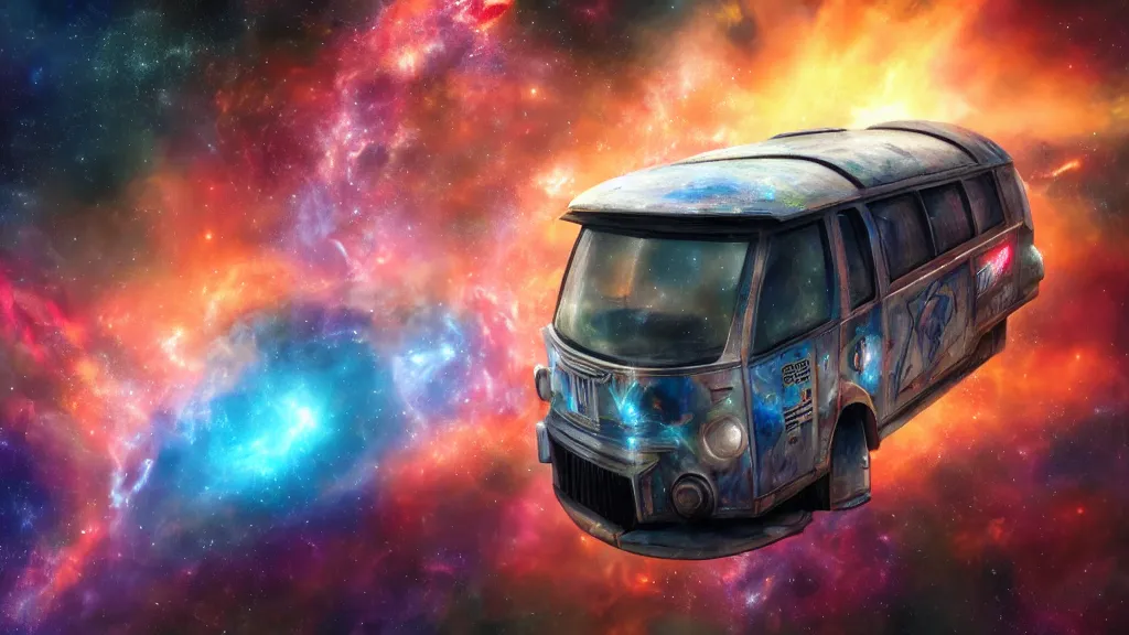 Image similar to a photorealistic concept art painting of a space van flying in front of a nebula, metal with graffiti on the side, star wars, 4 k hd wallpaper, premium prints available, hyper realistic, trending on artstation