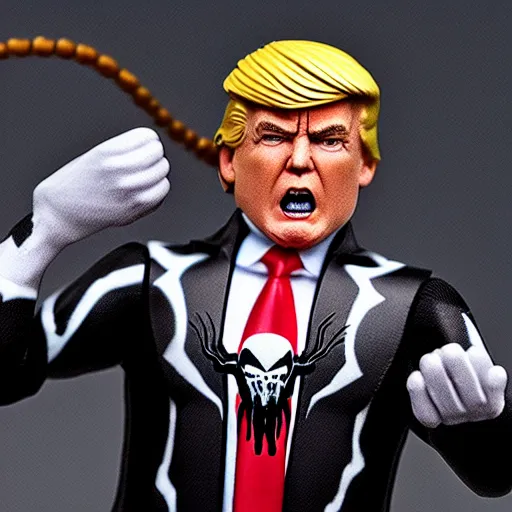 Image similar to action figure of Trump as Venom and shoots web from hair by Hasbro