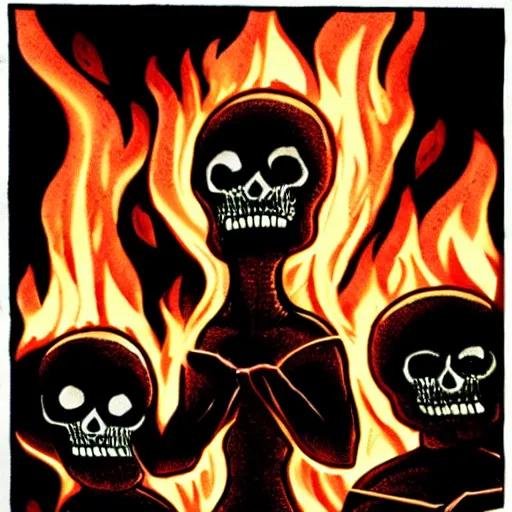 Prompt: Black skeletons burning in white fire, comic style, horror image