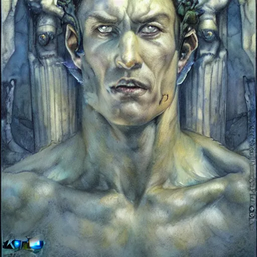 Image similar to Roguish Picaro Dsurion stands at the gates of Hades Hand Crafted By Rodin. Painting by Donato Giancola Jeff Simpson stamp watercolor