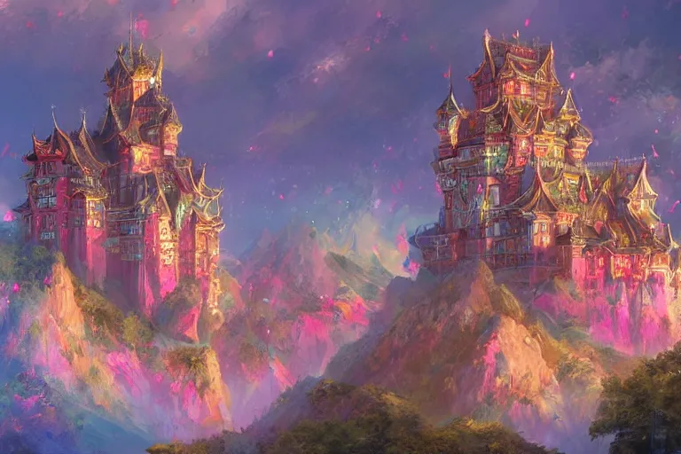 Image similar to beautiful extravagant castle, colorful, majestic, artstation, trending, highly detailed, concept art by li shuxing