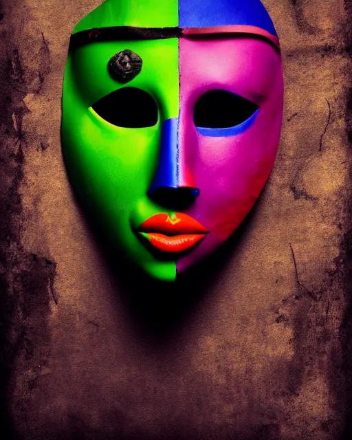 Prompt: behind the mask, mixed media, a brutalist designed, vivid colours, cryptic, mystical, royal, pop surrealism, pop art, atmospheric, trending on artstation. 8 k, high quality, masterpiece.