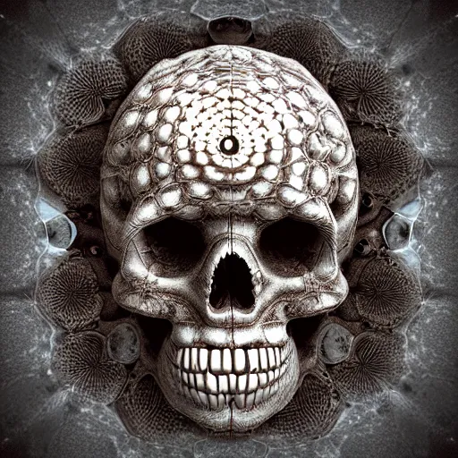 Prompt: fractal skull art by machina infinitum, rendered in ocatane, mandelbulb 3 d, ambient occlusion, macro photography