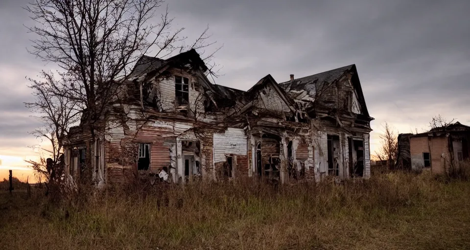 Image similar to a creepy decrepit abandoned town at dusk that seems haunted