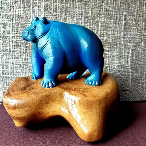 Image similar to a small hippo statue carved from natural wood on the bottom and polished blue resin on the top