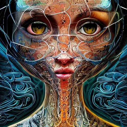 Prompt: woman_integrating_with_technology_full_face_insipiring_detailed_intricate_ornate_cables_connected_to_head_big_open_electric_eyes by android jones