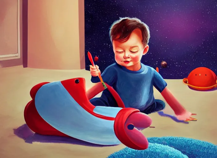 Prompt: toddler elon musk lying on a fluffy rug playing with his space rockets, painterly, soft evening lighting, artstation