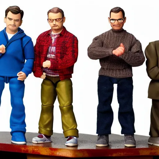 Prompt: Boy Meets World action figures, Mr. Feeny, Topanga, Shawn, Cory, detailed photo, dramatic lighting.