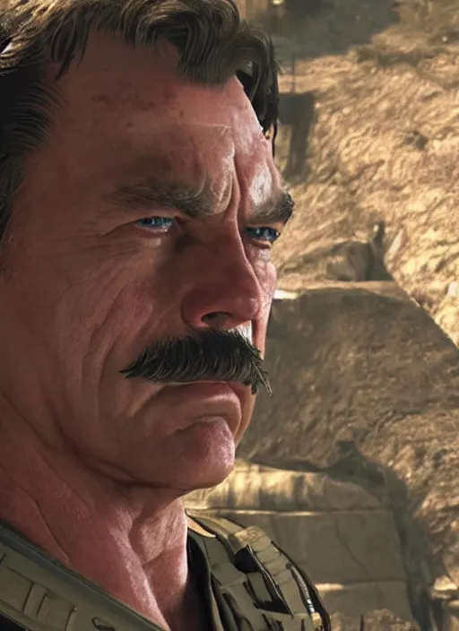 Image similar to film still of tom selleck as snake in metal gear solid the phantom pain, gameplay, 8 k, hd