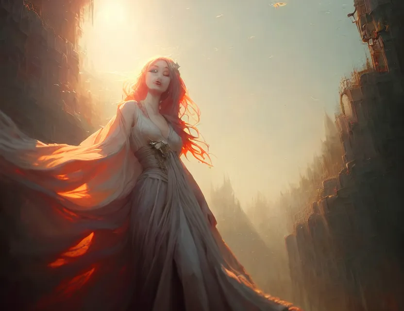 Image similar to her robes flutter gently in the wind ; the day is peaceful, a beautiful digital painting by wlop, volumetric light, intricate details, by art germ, fantasypunk, amazing d & d art, trending cgsociety, artstation, sharp, amazing wallpaper