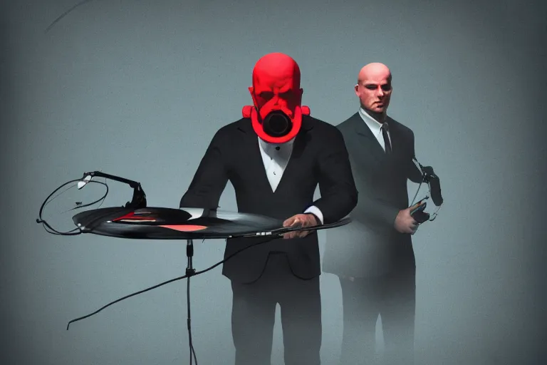 Image similar to a portrait of agent 4 7 from hitman wearing headphones and putting a vinyl record onto a turntable, dark background, red rim light, digital art, artstation, concept art by giger stalenhag