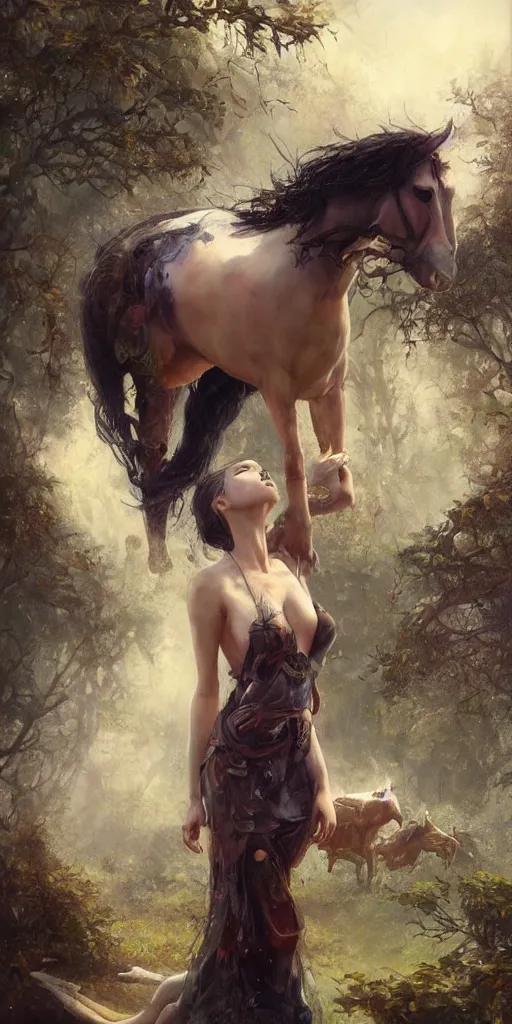 Image similar to a beautiful lush landscape of a the most beautiful woman and her draughthorse, hyperrealistic, award-winning, masterpiece, in the style of Tom Bagshaw, Cedric Peyravernay, Peter Mohrbacher