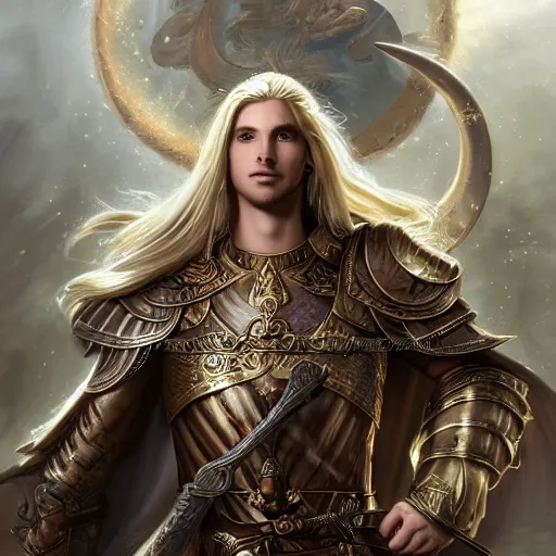 Image similar to Full body shot of beautiful male cleric with long flowing blonde hair wearing burnished bronze armour emblazoned with a swan on the breastplate. Wielding a magical scimitar embossed with the phases of the moon. Magic, bright divine lighting, flux. High fantasy, digital painting, HD, 4k, detailed by Ruan Jia